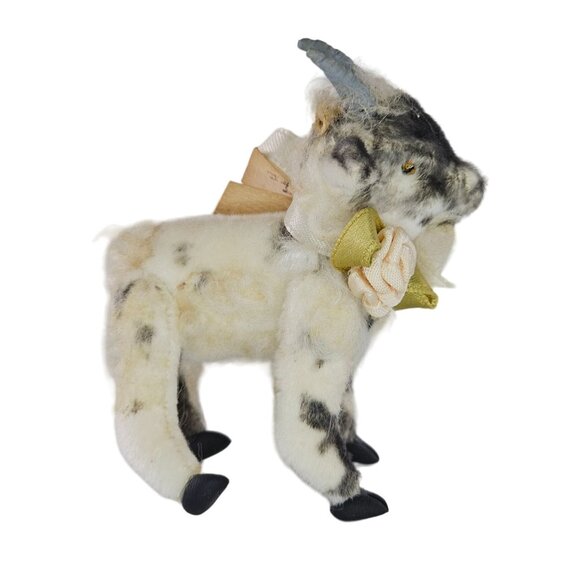 Vintage Articulated Goat Figurine Bow Flower Black White Realistic Mohair Felt - Picture 1 of 8